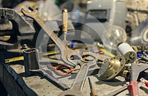 Tools in workshop, Retro stylized old tools on iron table