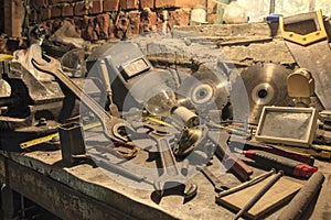 Tools in workshop, Retro stylized old tools on iron table