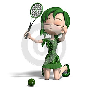 Toon girl in green clothes with racket and tennis