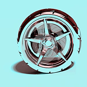 Toon Stylized Illustration of a Car Wheel with Tyre, Rim and Brake Parts Isolated on a Mint Background.