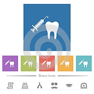 Tooth anesthesia flat white icons in square backgrounds