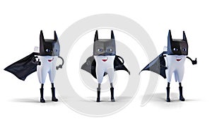 Tooth as Super Hero Batman on white. Render 3d illustration