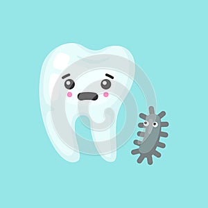 Tooth with bacteria with emotional face, cute colorful vector icon illustration