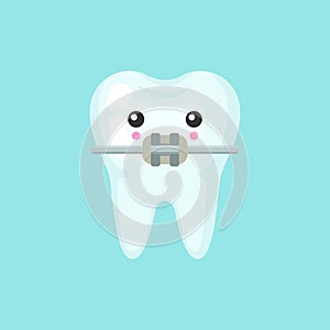 Tooth with a brace with emotional face, cute colorful vector icon illustration