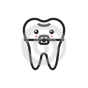 Tooth with a brace with emotional face, cute vector icon illustration