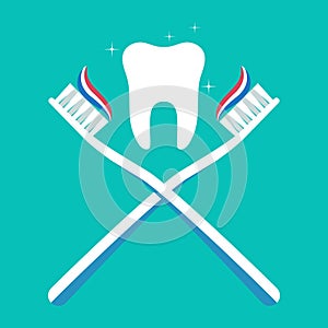 Tooth, brush and paste. Toothbrush with toothpaste flat icon. Clean white tooth. Care for dental hygiene and healthy. Logo for