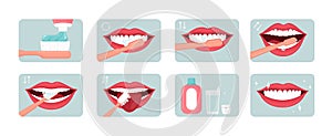 Tooth brushing steps illustrations set. Proper oral care. Toothpaste and rinse using concept. Dental clinic informative