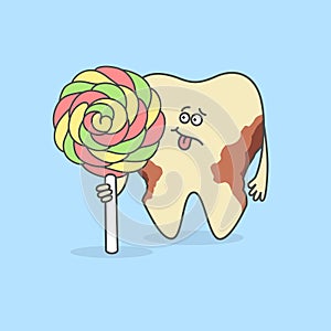 Tooth with a candy and decay or caries. Teeth discoloration. Dental care icon. Cartoon tooth. Bad food for your teeth.