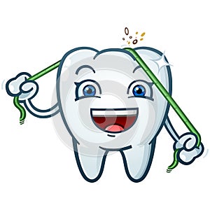 Tooth Cartoon Character Flossing his head with mint green floss