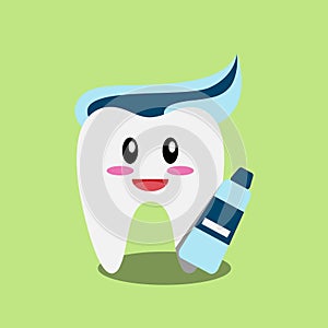 Tooth Cartoon Character Illustration with Toothpaste on Top.
