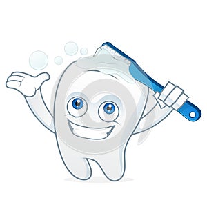 Tooth cartoon mascot brushing teeth