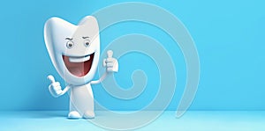 Tooth cartoon with thumb up, panoramic layout.