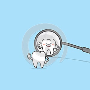 Tooth character look at the dental mirror illustration vector on