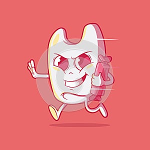 Tooth character running with candy vector illustration.