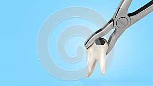 Tooth clamped in medical extraction forceps dental services concept 3d render on blue gradient