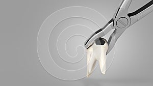 Tooth clamped in medical extraction forceps dental services concept 3d render on grey gradient