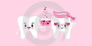 Tooth couple in love with chemistry flask and hearts