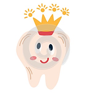 Tooth with crown. Clean happy cartoon tooth. Dental care. For children instructions on brushing teeth, printing and booklets.