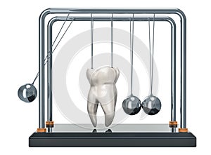 Tooth decay concept. Newton`s cradle with tooth. 3D rendering