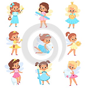 Tooth fairies. Cute little winged girls in different dresses with dental care accessories and teeth, baby stories, kids