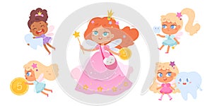 Tooth fairy characters set, fairy tale princess with crown and dress, little pretty girls