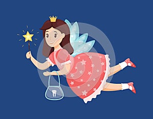 The tooth fairy flies and holds a magic wand and a purse for teeth. Cute little girl Princess is smiling. Cartoon character.
