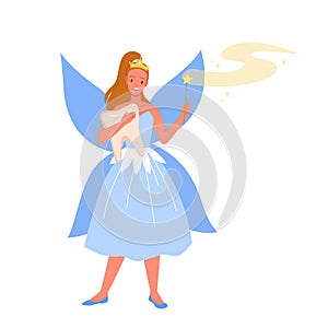 Tooth fairy holding kids molar, cute godmother with blue butterfly wings and dress
