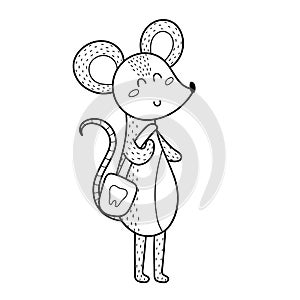 Tooth fairy mouse holding a bag. Fairytale cute character in black and white photo