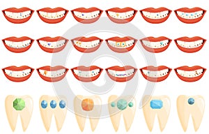 Tooth gems icons set cartoon vector. Dental care