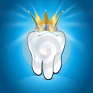 Tooth In Golden Crown, On Blue Background