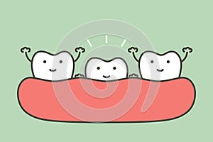 Tooth growing up from gum and other teeth are smiling, first tooth concept