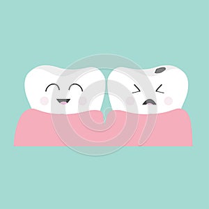 Tooth gum icon. Healthy smiling tooth. Crying bad ill tooth with caries. Cute character set. Oral dental hygiene. Children teeth