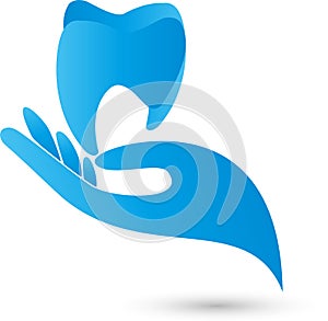 Tooth and hand in blue, dentist and dental care logo