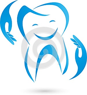 Tooth with hands and smile, dentist and dental care logo