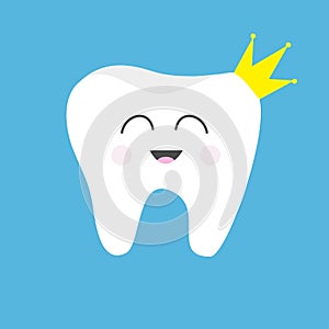 Tooth health icon wearing crown. Cute funny cartoon smiling character. King queen prince princess Oral dental hygiene. Children te