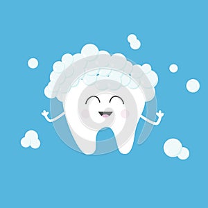 Tooth health with toothpaste bubbles foam. Cute funny cartoon smiling character. Children teeth care icon. Oral dental hygiene. Ba