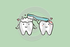 Tooth is holding toothbrush and toothpaste to brushing teeth for friend