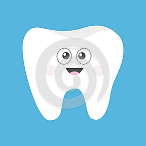 Tooth icon. Cute funny cartoon smiling character with big eyes. Oral dental hygiene. Children teeth care. Tooth health. Baby backg