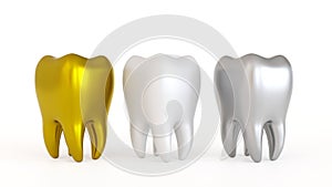 Tooth icon with gold tooth and amalgam fillings and crowns on teeth, dental care concept, 3D rendering