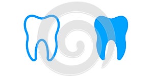 Tooth icons for dentistry, dental clinic, toothpaste and mouthwash. Tooth with roots or molar teeth line icons for dentistry and