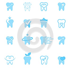 Tooth line icons, symbols and design elements. Tooth signs for stomatology, dentist and dental care clinics. Dental set design