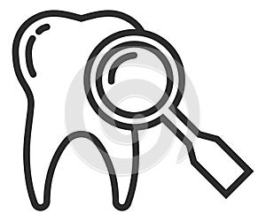 Tooth with magnifying glass icon. Dental examination symbol