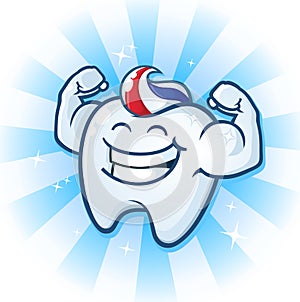 Tooth Mascot Muscle Man Dental Cartoon Character