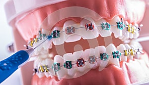 Tooth model from dental braces with inter dental teeth cleaning brush photo