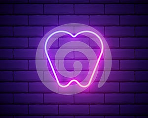 Tooth neon icon. Sign for dentistry clinic. Orthodontics concept glowing icon isolated on brick wall background.