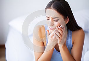 Tooth Pain. Woman Feeling Tooth Pain. Closeup Of Beautiful Sad G