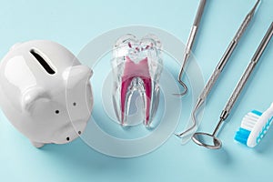Tooth with piggy bank and dentist tools on blue background