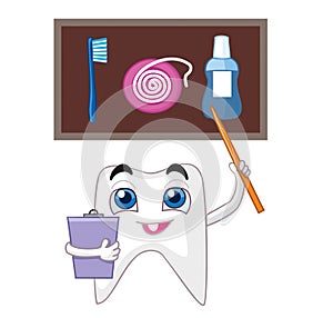 A tooth with a pointer indicates how to take care of your teeth properly.