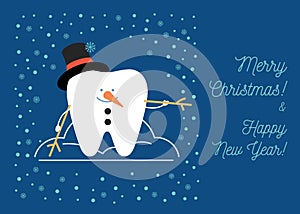 Tooth is pretending a snowman, the illustration of winter fun. Christmas greeting card from a dentistry