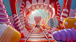 A tooth riding a tiny rollercoaster through a giant mouthshaped tunnel dodging incoming candy and junk food at the